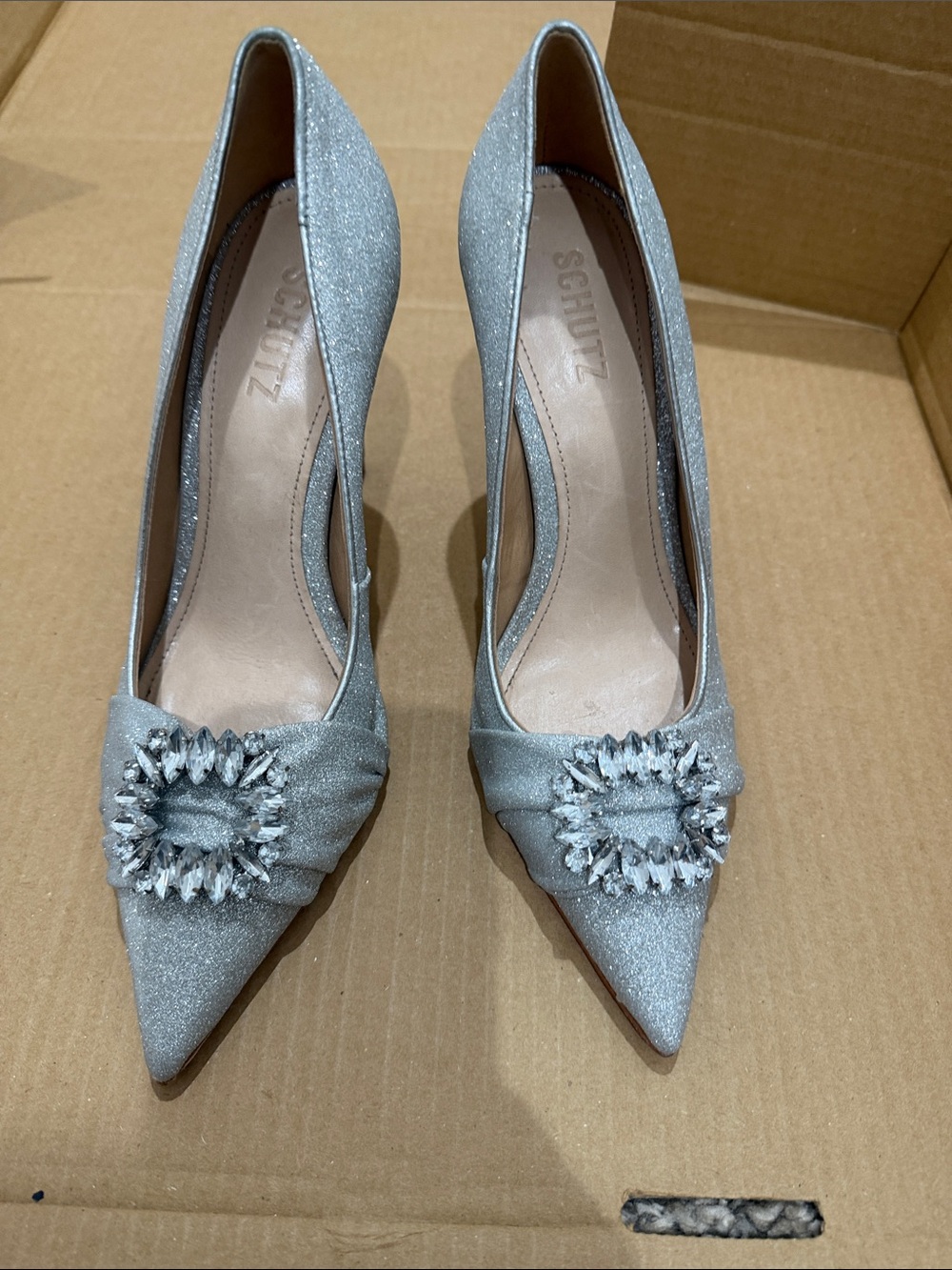 SCHUTZ Silver Glitter Pointed-Toe Crystal Buckle Pumps